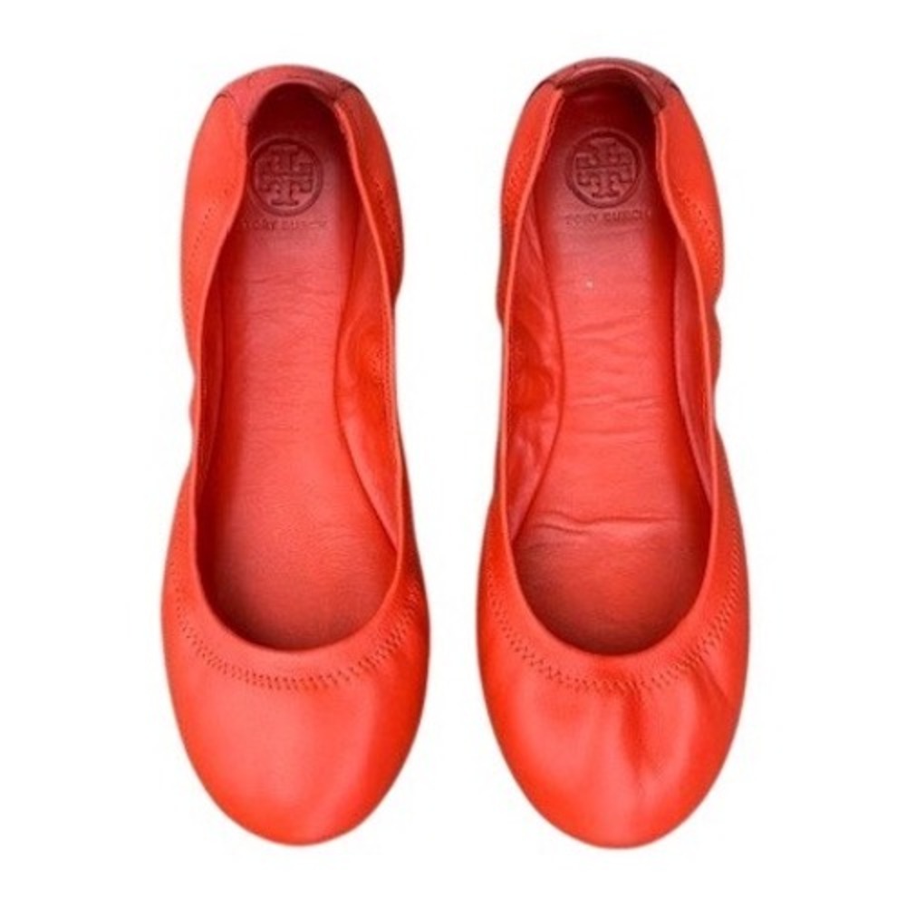 Tory Burch‎ Minnie Travel Ballet Flats Orange Leather Round Toe Shoes Womens 8